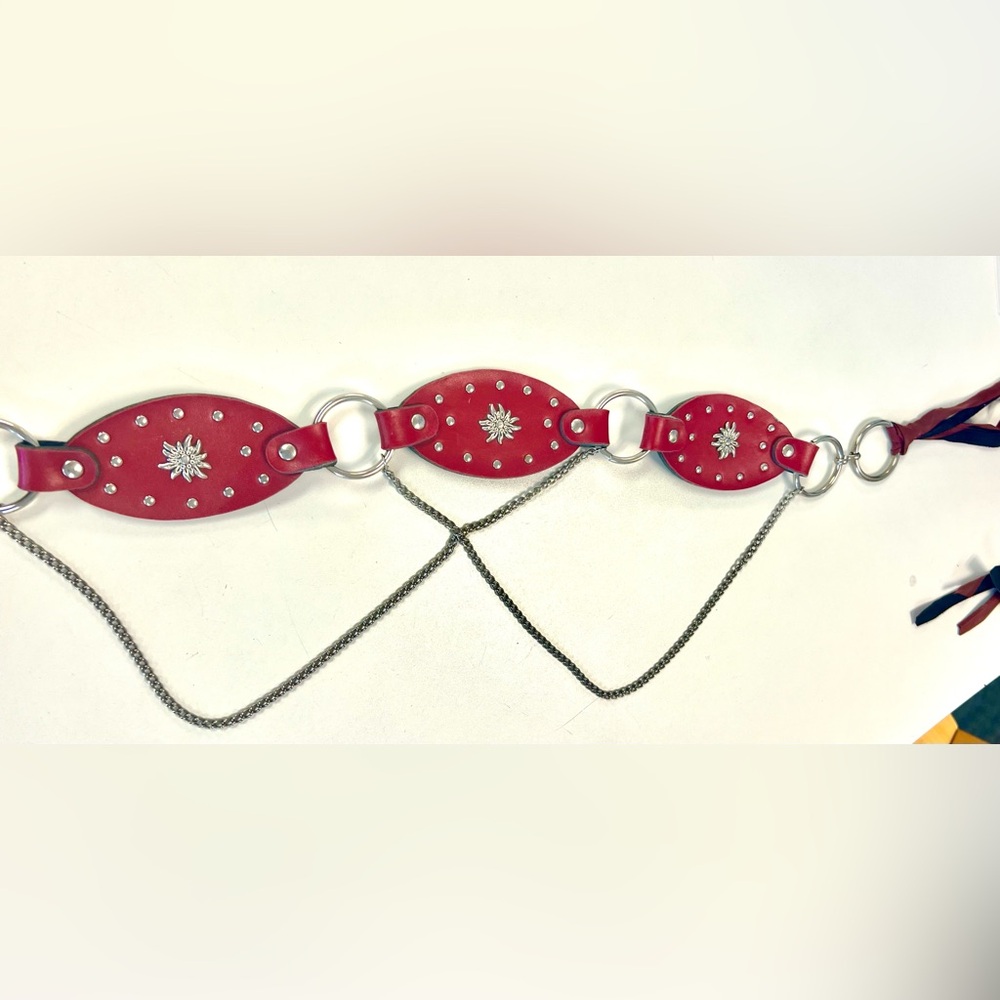 BoHo/Tribal Western Style Red Leather Belt with Silver Chain Details. Small/Med.